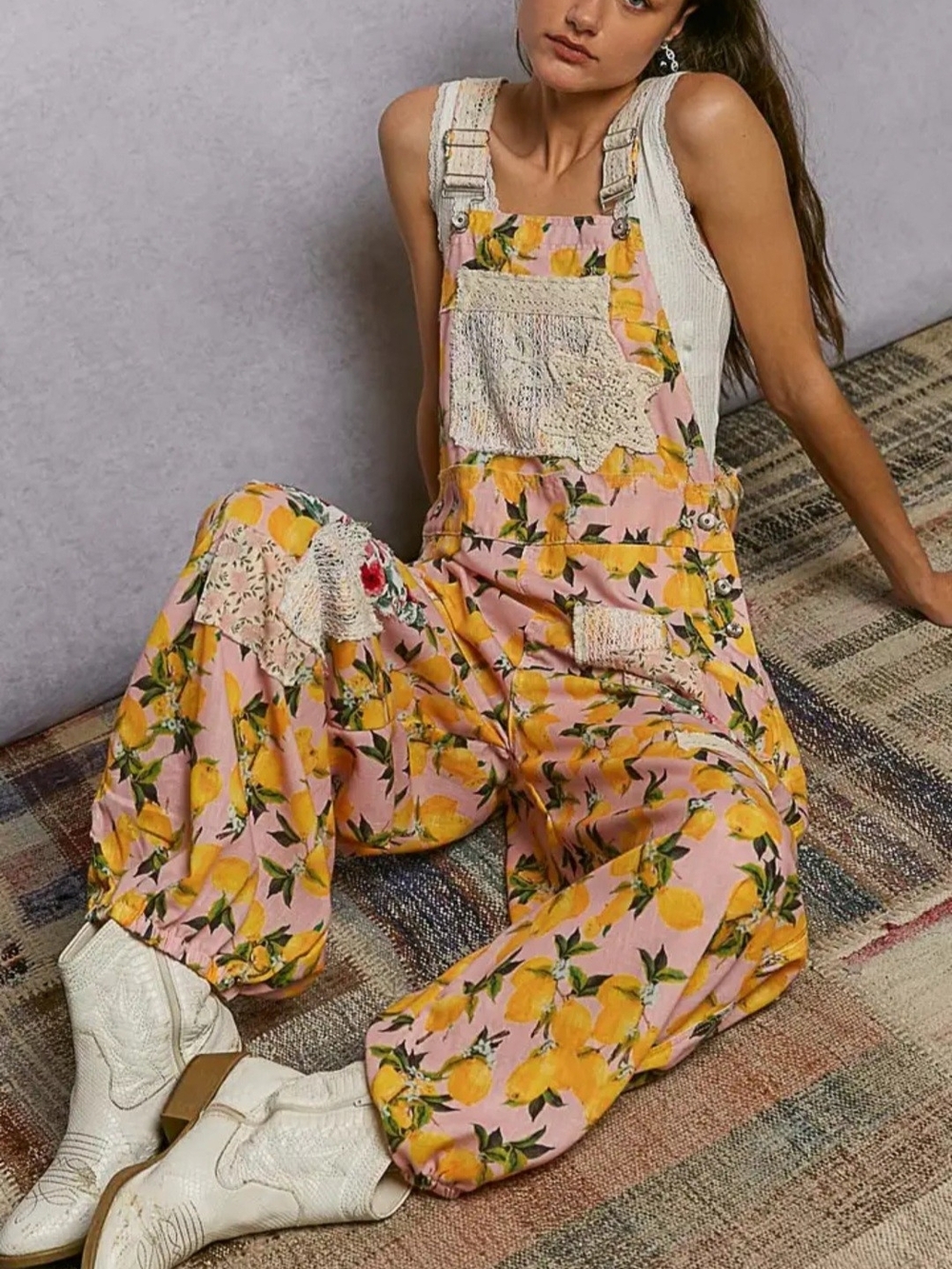 POL Pink Floral Lemon-Print Crochet Pocket Overalls NWOT